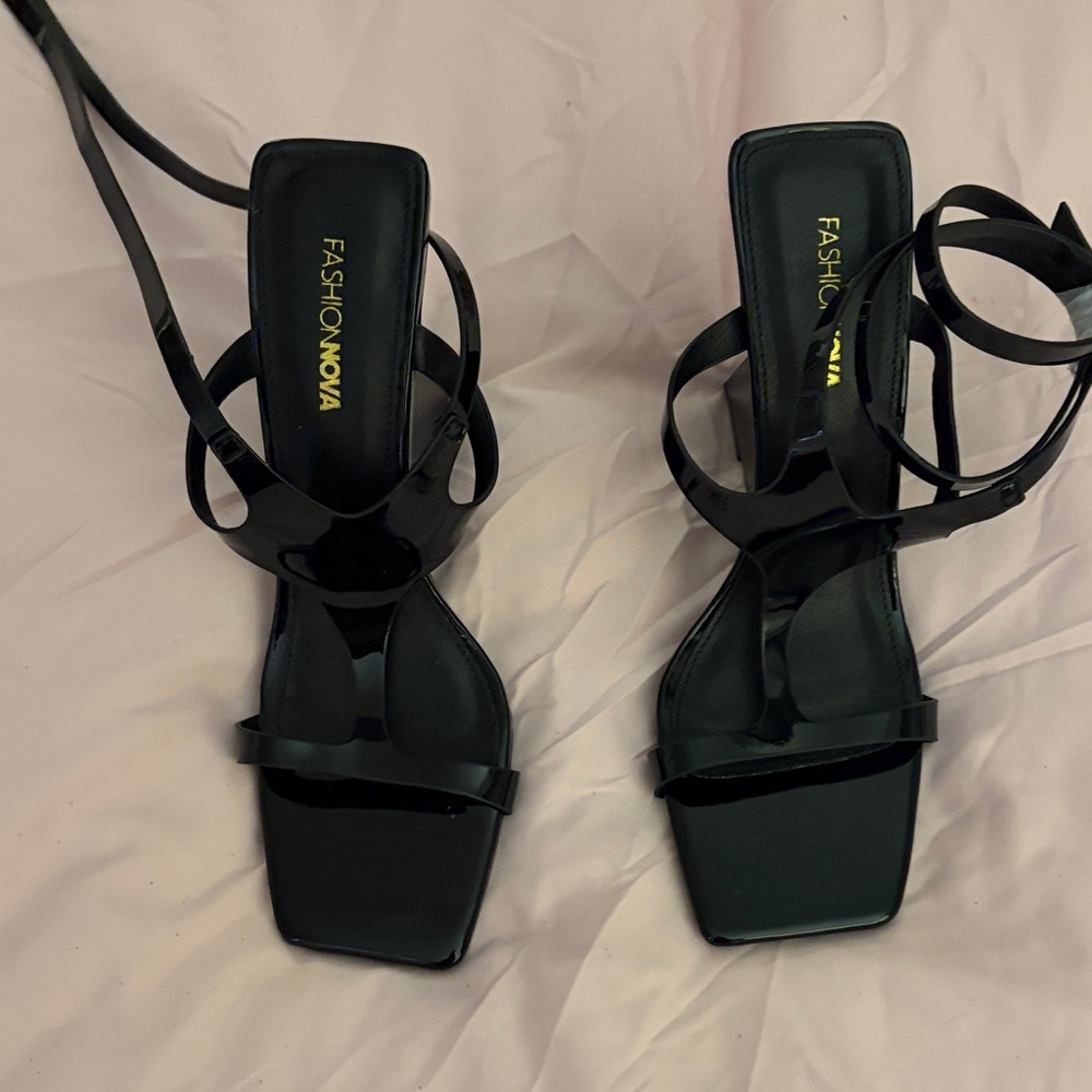 Fashion Nova Black Patent Strappy Square-Toe Heels